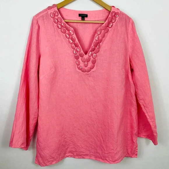 Talbots Pink Linen Beaded Neckline Tunic Top Size Medium - Picture 1 of 7